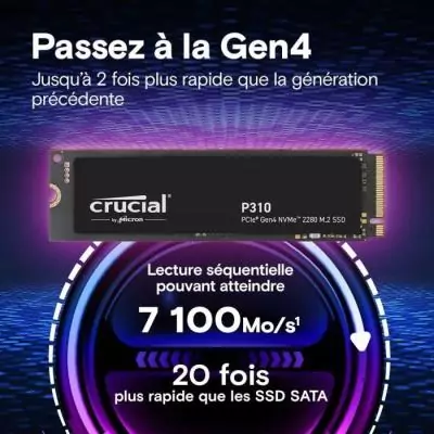 CRUCIAL - P310 - SSD interne -&nbsp;4&nbsp;To -&nbsp;PCIe&nbsp;Gen4 NVMe&nbsp;M.2 - Vitesse lecture Jusqu'a 7100 Mo/s - CT4000P310SSD8