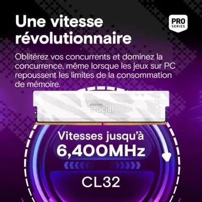 Mémoire gamer - CRUCIAL Pro OC - CP16G64C32U5W - 16 Go DDR5-6400 UDIMM - CL32 avec dissipateur thermique - Blanc Mémoire gamer - CRUCIAL Pro OC - CP16G64C32U5W - 16 Go DDR5-6400 UDIMM - CL32 avec dissipateur thermique - Blanc