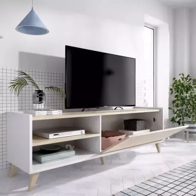 Ensemble salon NESS : Meuble TV + Table basse relevable - Chene clair et blanc Ensemble salon NESS : Meuble TV + Table basse relevable - Chene clair et blanc