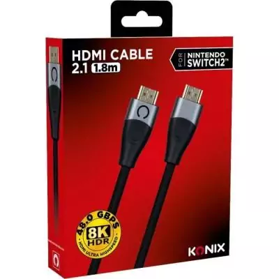 Câble HDMI 2.1 - KONIX - Nintendo Switch 2 - Compatibilité 4K et 8K - Nylon tressé - Longueur 1,8 m - Noir