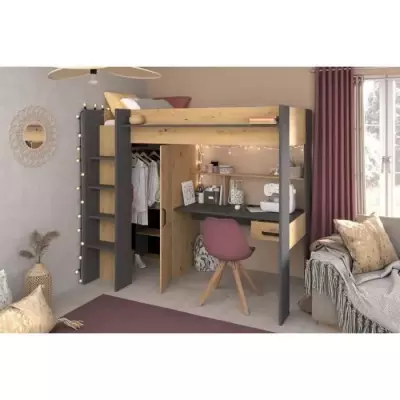 Lit combiné mezzanine enfant PARISOT HIGH - Chene et gris - Sommier i Lit combiné mezzanine enfant PARISOT HIGH - Chene et gris - Sommier i