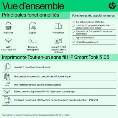 Imprimante HP Smart Tank 5105: Couleur, Rapide et Economique