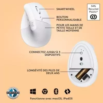 Souris Logitech Sans Fil Ergonomique Vertical Blanc - Conception Droitier