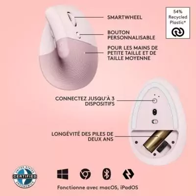Souris Logitech Sans Fil Ergonomique Verticale - Rose - Droitier