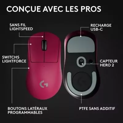 Souris Gamer Ultra Légère Logitech G Pro X Superlight 2 DEX Rose - Sans Fil