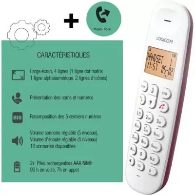 Téléphone fixe sans fil - LOGICOM - DECT ILOA 150 SOLO - Framboise - Sans répondeur Téléphone fixe sans fil - LOGICOM - DECT ILOA 150 SOLO - Framboise - Sans répondeur