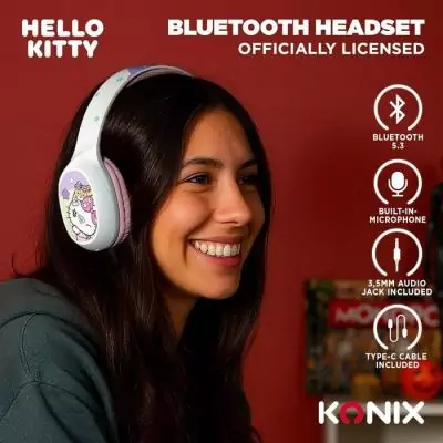 Casque audio - Sans fil - Konix - Hello Kitty - Bluetooth 5.3 PC, smartphones et tablettes - Autonomie 30 h - Blanc et rose Casque audio - Sans fil - Konix - Hello Kitty - Bluetooth 5.3 PC, smartphones et tablettes - Autonomie 30 h - Blanc et rose