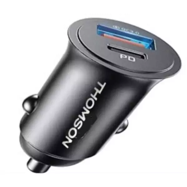 Chargeur voiture THOMSON ULTRA-COMPACT 12/24 V USB-C PD 20 W + QC 3.0 18 W (Puissance totale : 30 W)