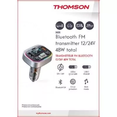Transmetteur FM Bluetooth Version 5.4 - THOMSON - 12/24V - 48 W -QC 3.0 & PD 30W pour une charge rapide et efficace de vos appar