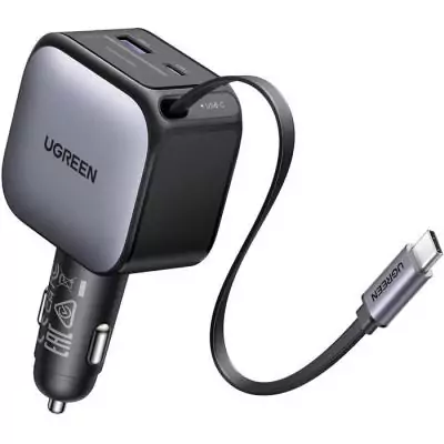 Chargeur voiture UGREEN 60W USB-A + USB-C Rétractable Noir 