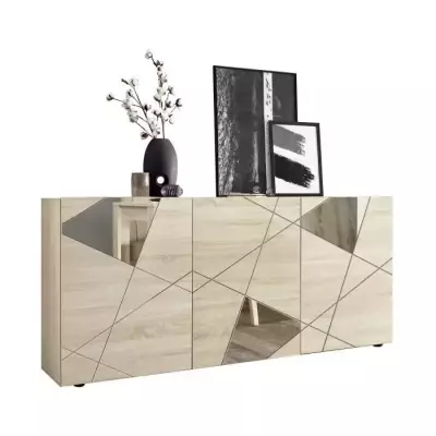Buffet VICTORY - Décor Chene Sonoma - 3 Portes - Miroir - L 181 x P 4