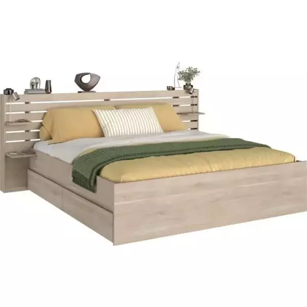 Lit adulte ESCALE 180x200 cm - Décor chene du Japon - 2 tiroirs + Tete de lit - L235.4 x H98,2 x P216,8 cm - Fabriqué en Franc