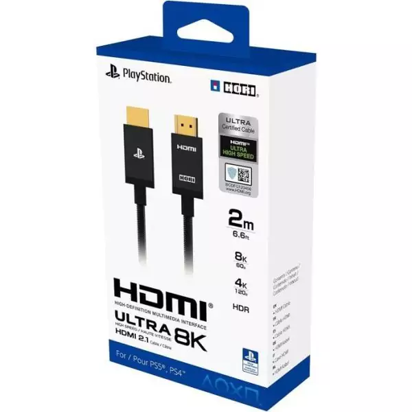 Câble HDMI 2.1 - Hori - PlayStation - Ultra haute vitesse pour PS5 - Compatibilité 8K, 4K et HDR - Nylon - Longueur 2 m - Noir