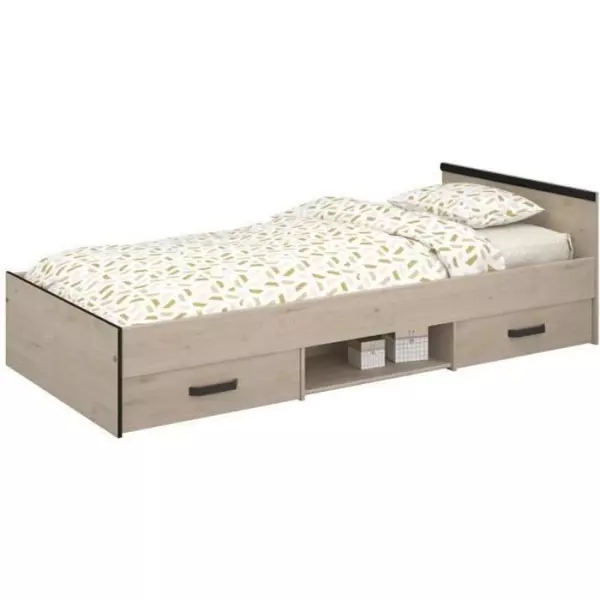 Lit enfant PARISOT Zodiac - 90x200 cm - Panneaux de particules - Décor chene et noir - Rangement