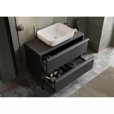 Ensemble Salle de Bain: Meuble L 92cm + Vasque - Chene Noir Ensemble Salle de Bain: Meuble L 92cm + Vasque - Chene Noir