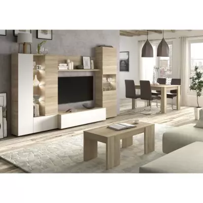 Meuble TV LED classique blanc brillant et chene - L 260 cm