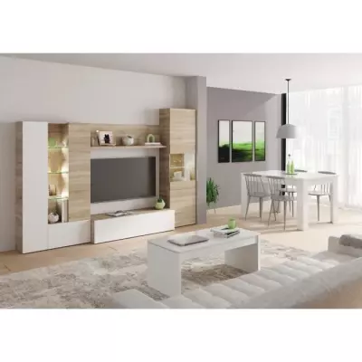 Meuble TV LED classique blanc brillant et chene - L 260 cm