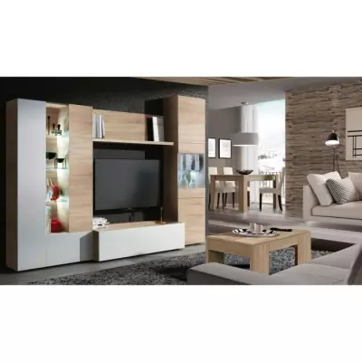Meuble TV LED classique blanc brillant et chene - L 260 cm