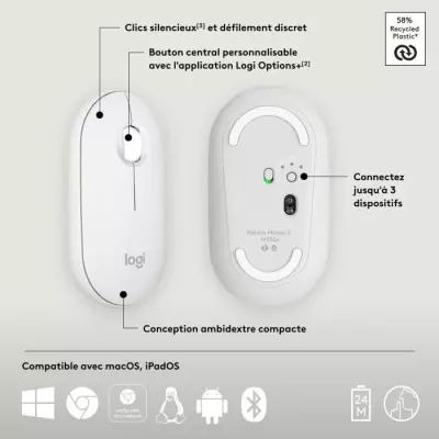 Souris Logitech Pebble Mouse 2 M350 - Blanche, fine et portable Souris Logitech Pebble Mouse 2 M350 - Blanche, fine et portable