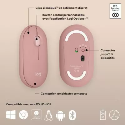 Souris sans fil Logitech Pebble Mouse 2 M350s - Rose - Compacte et élégante