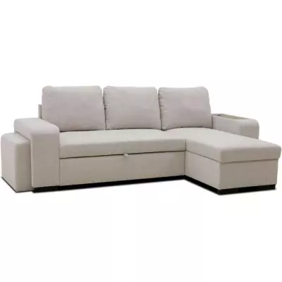 Canapé d'angle convertible VALDO 3-4 places - Beige - Tablette USB - Coffre + Pouf