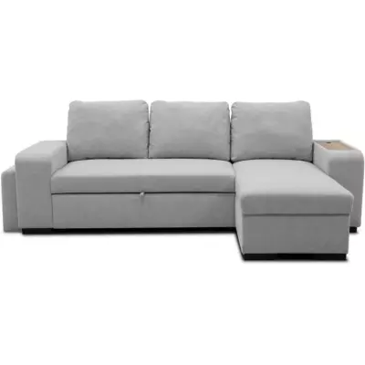Canapé d'angle convertible VALDO 3-4 places - Tissu Souris - USB - Coffre + Pouf