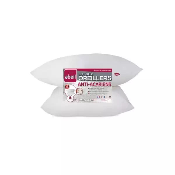 ABEIL Lot de 2 Oreillers Anti-Acarien - 60 x 60 cm - Blanc