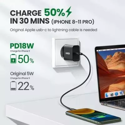 Chargeur secteur - UGREEN - 1 Port USB-C - 20W - Noir