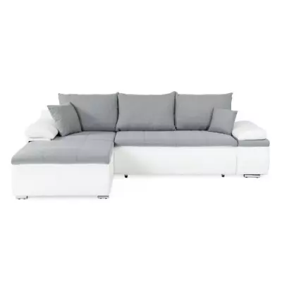 Canapé d'angle réversible convertible 3 places - Simili blanc et tissu gris - CELINA Canapé d'angle réversible convertible 3 places - Simili blanc et tissu gris - CELINA