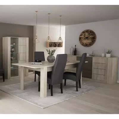 Ensemble Séjour Table 170 cm + Enfilade + Vitrine - Chene/Béton Clair