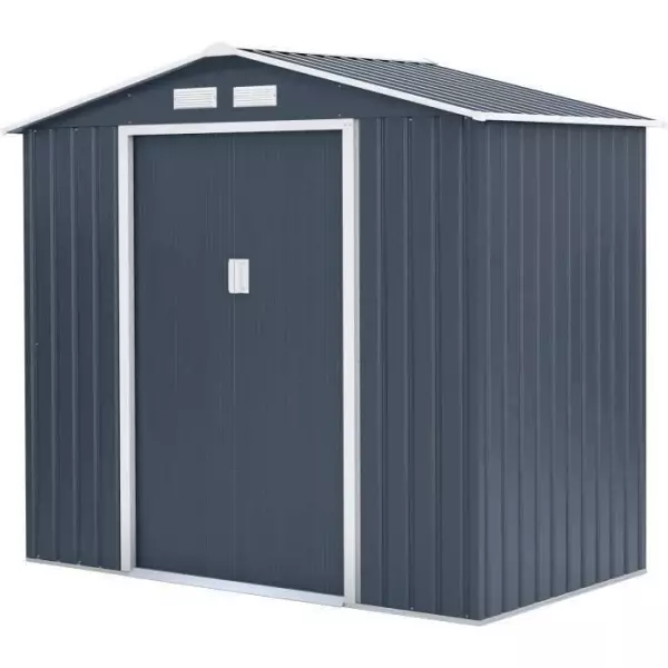 Abri de jardin en métal 2,71 m² - 213 x 127 x 195 cm - PLUTON - Kit d'ancrage inclus, 2 portes coulissantes - Gris