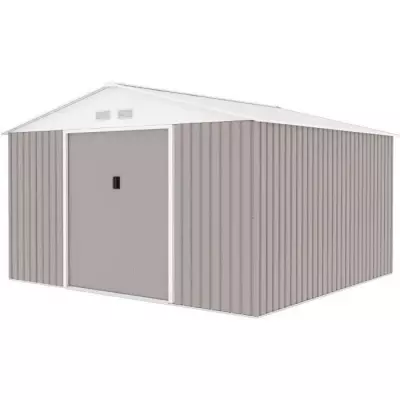 Abri de jardin métal 10,85m² - Taupe - Kit d'ancrage - 2 portes coulissantes