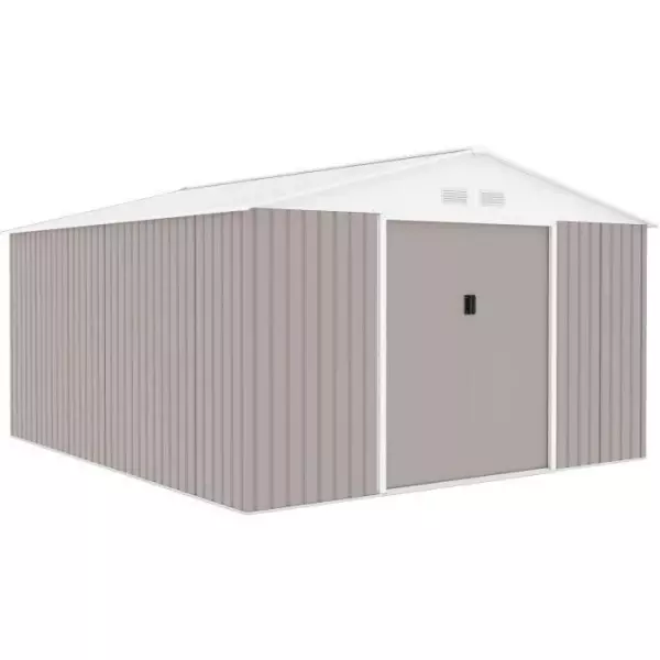 NEPTUNE Abri de jardin en métal 12,99 m² - 340 x 382 x 210 cm - Kit d'ancrage inclus, 2 portes coulissantes - Taupe