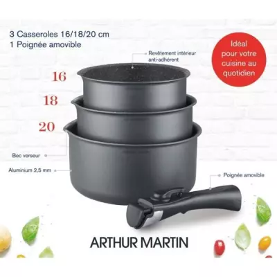 Ensemble de 3 casseroles Gris Mat + Poignée Amovible - Cuisine Aluminium anti-adhésives