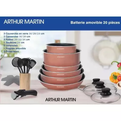 Ensemble de cuisine 20 pièces Arthur Martin - aluminium - poignée amovible - tous feux induction