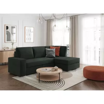 Canapé d'angle convertible vert foncé en velours côtelé - L246 x P174 x H96cm
