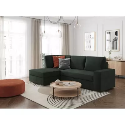 Canapé d'angle gauche convertible ADEN en velours côtelé vert foncé - L246 x P174 x H96cm