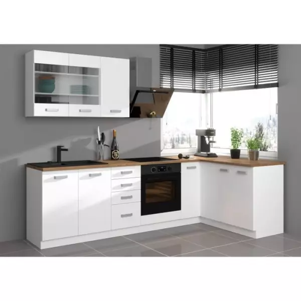 ATLAS Cuisine complete d'angle 8 éléments (reversible droit / gauche) - Décor blanc - L270 cm - Plan de travail non inclus