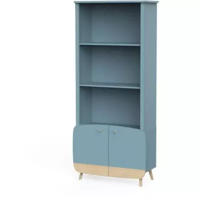 Bibliothèque Scandinave Bleu Orage & Bois Naturel - 77.4 x 36.6 x 177 cm