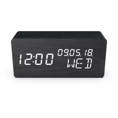 Réveil 4 en 1 EVOOM - Style Bois Noir - Horloge, Thermomètre, Calendrier