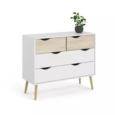 Commode 4 tiroirs Blanche/Chêne - Pieds bois massif - Responsable FSC