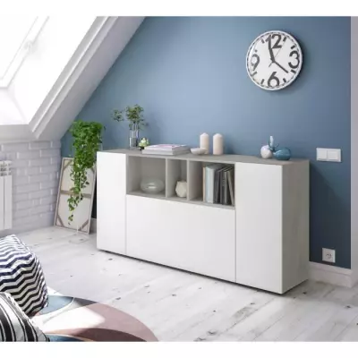 Buffet LOIRA - Blanc & Ciment - 3 portes + 3 niches