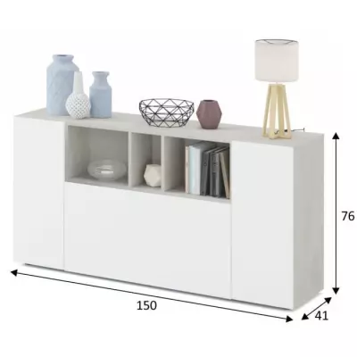 Buffet LOIRA - Blanc & Ciment - 3 portes + 3 niches
