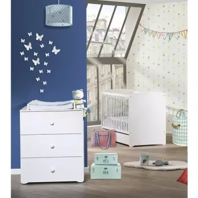 Chambre bébé duo Basic boule: Lit 120x60, commode à langer - Blanc