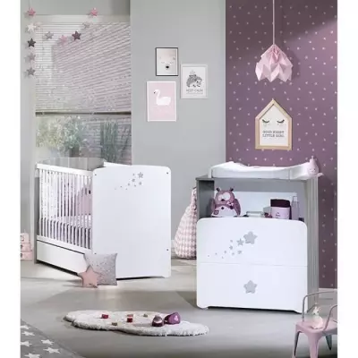 Chambre bébé duo Nao : lit 120x60, commode à langer - Blanc Chambre bébé duo Nao : lit 120x60, commode à langer - Blanc