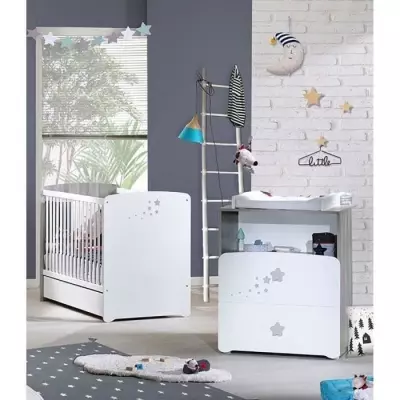 Chambre bébé duo Nao : lit 120x60, commode à langer - Blanc Chambre bébé duo Nao : lit 120x60, commode à langer - Blanc