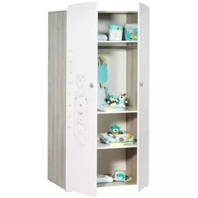 Chambre bébé trio Teddy: lit 120x60, commode et armoire - Blanc