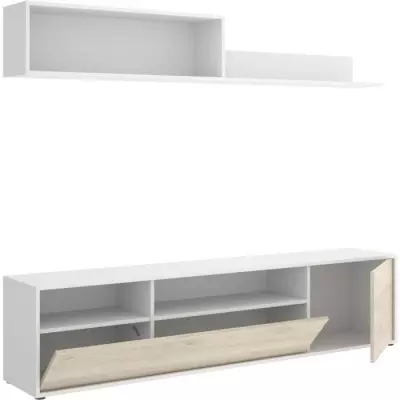 Meuble TV Compact BAY - Chene clair / Blanc - 180 x 35 x 44 cm