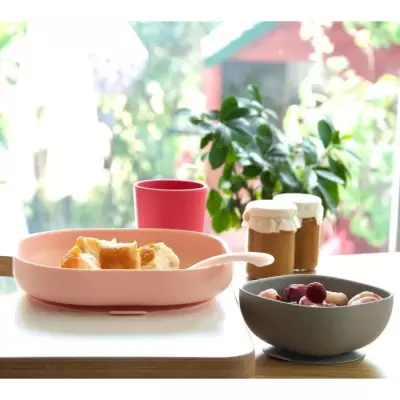 Coffret repas Silicone Bébé BEABA Rose - Anti-dérapant - Ensemble 4 Pièces