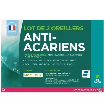 Lot de 2 Oreillers Triple Protection BLANREVE - Made in France - 60 x 60 cm